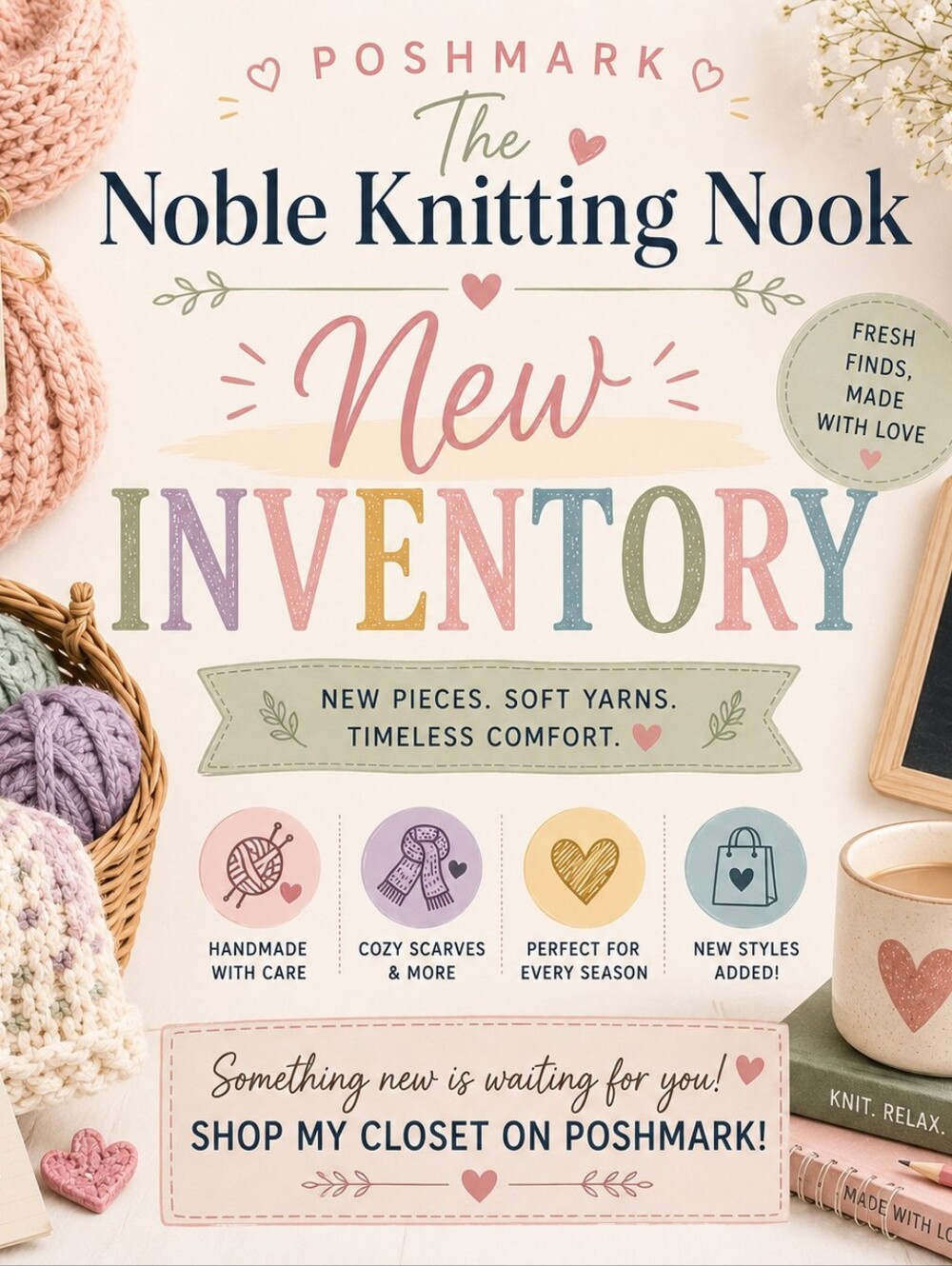 The Noble Knitting Nook "New Inventory" Wall Art Print - Pastel Yarn Flyer